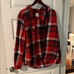 American Eagle Red and Black Plaid Button-Up Hoodie Long Sleeve Shirt XL